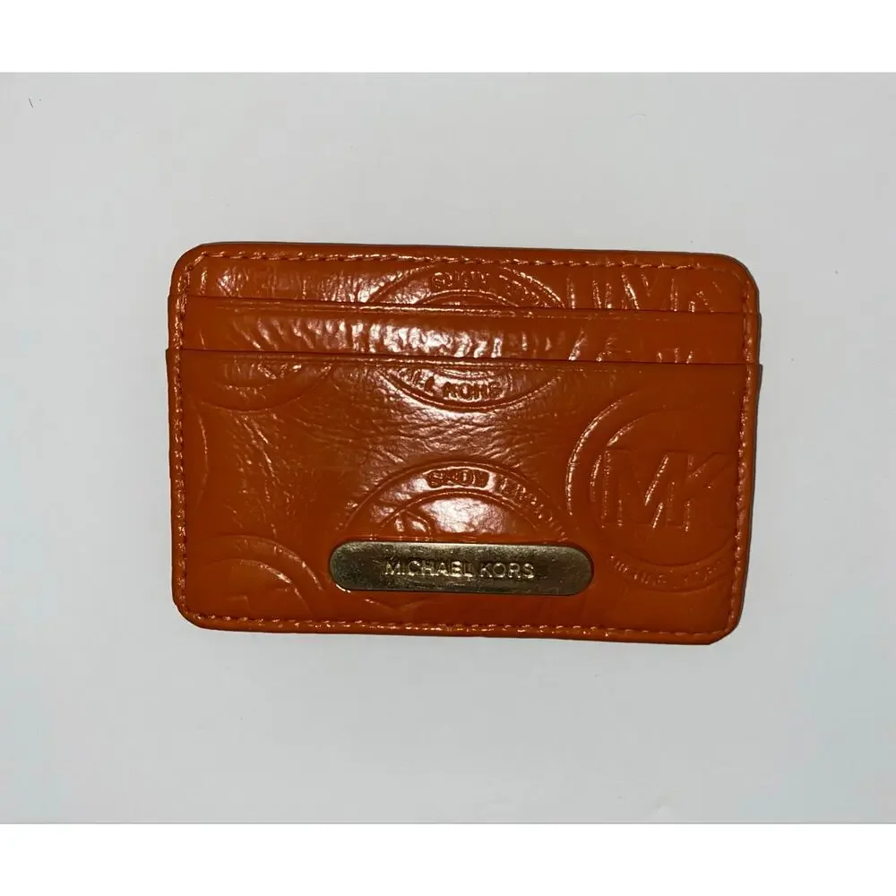 Michael Kors Orange Embossed Leather Card Holder Wallet Card Case Slim Compact